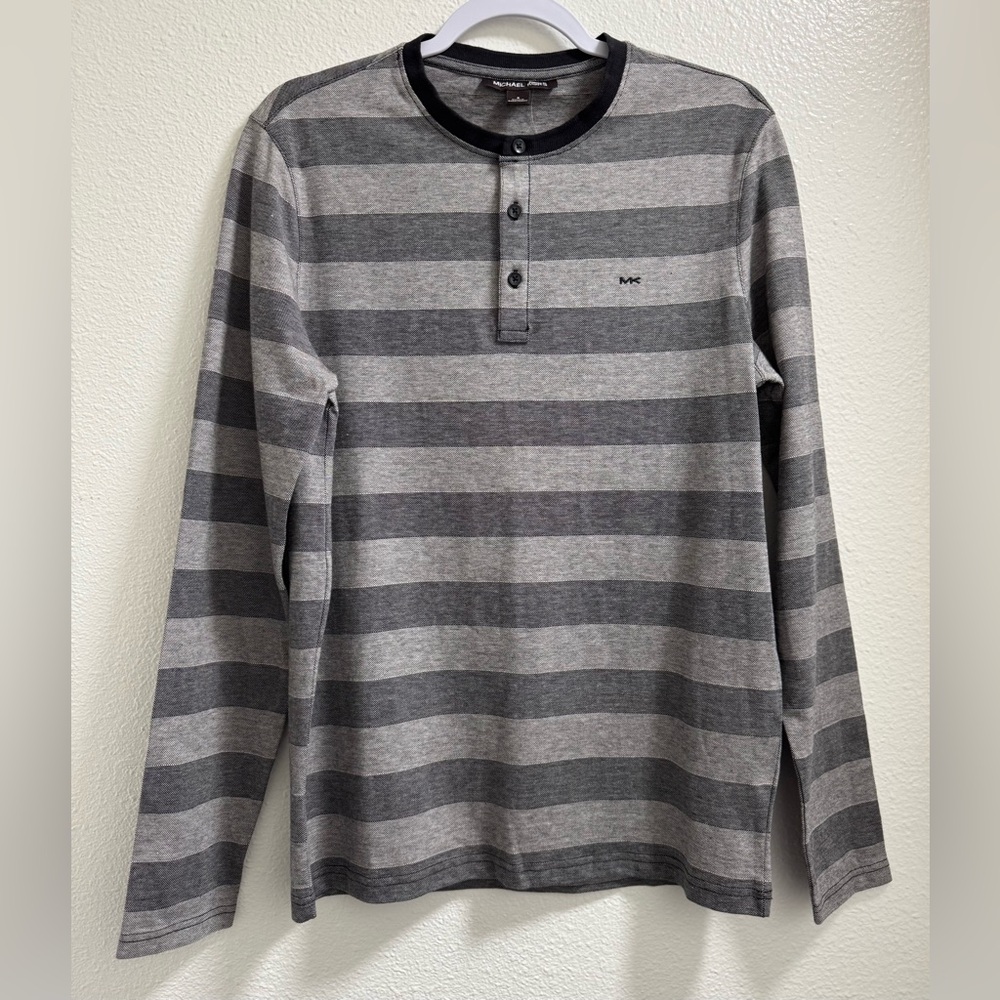 Michael Kors Striped Henley Shirt Crewneck Long Sleeve Cotton Gray Men's Small